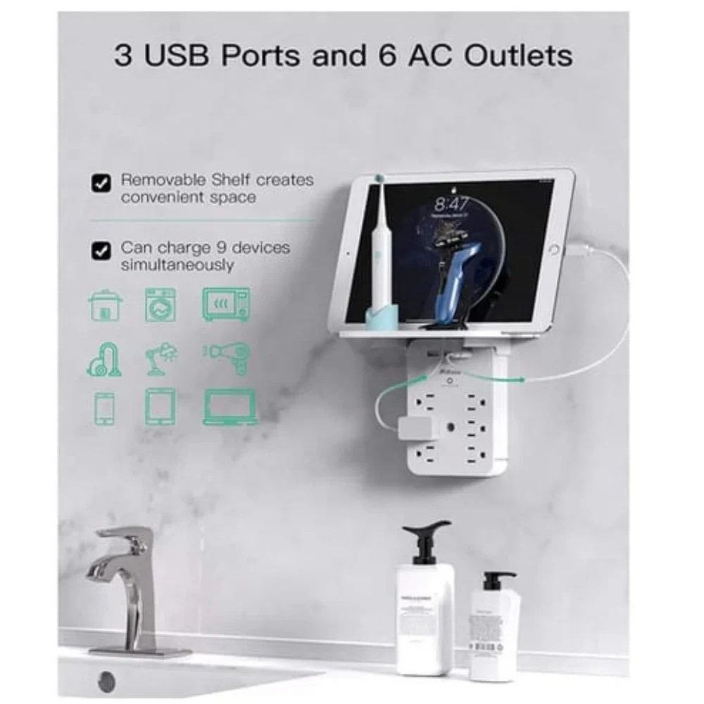 Mifaso Wall Outlet Extender with Shelf and Night Light,Surge Protector, Charger